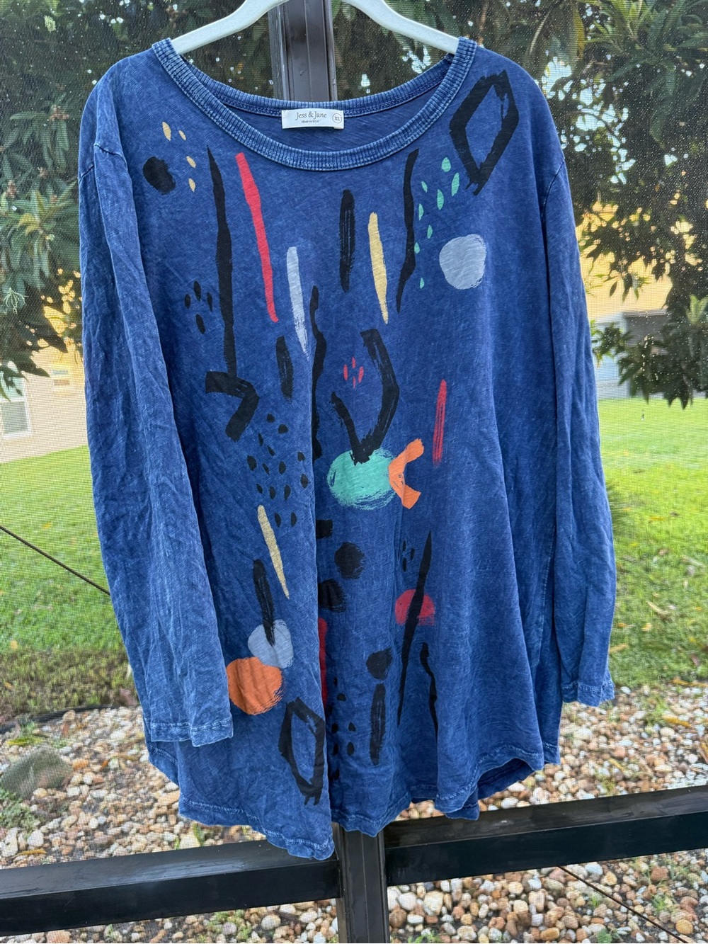 NWOT Jess & Jane Abstract Art Slub Cotton Tunic Top Blue Mineral Wash XL